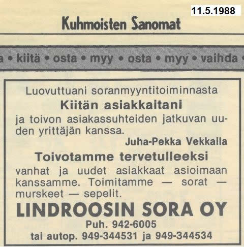 Kuhmoisten Sanomien ilmoitus vuodelta 1988